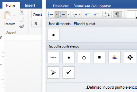 Scheda Home con la raccolta Punti elenco visualizzata.