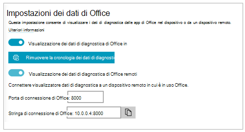 Screenshot della sezione Impostazioni dei dati di Office di Impostazioni per il Visualizzatore dati di diagnostica