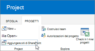 Pulsante Aggiungi siti di SharePoint sulla barra multifunzione del Centro progetti