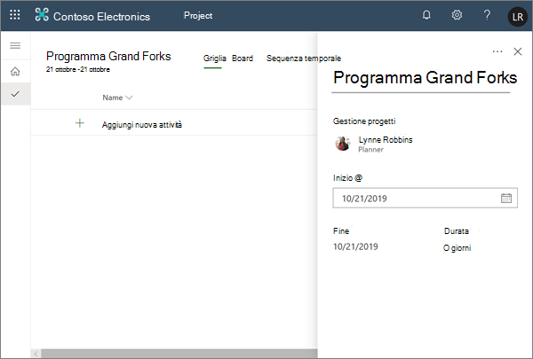 Riquadro Nuovo progetto in Project con nome e data del progetto aggiunti