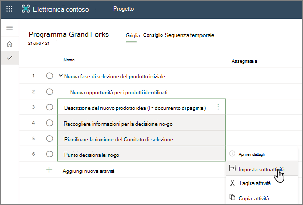 Selezione del menu Crea Sub-Task all'interno di un progetto in Project
