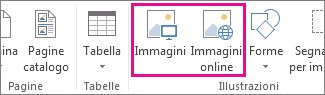 Screenshot delle opzioni per l'inserimento di immagini nel menu Inserisci in Publisher.