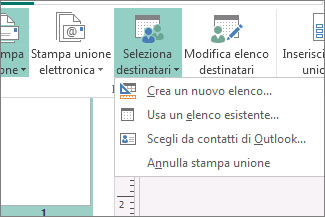Opzioni pulsante Selezione destinatari di Lettere