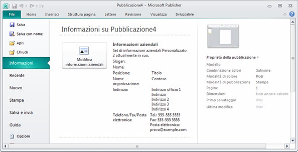 Informazioni aziendali nella visualizzazione Backstage di Publisher 2010