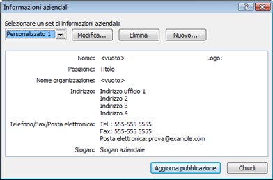 Modificare un set di informazioni aziendali in Publisher 2010