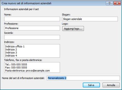 Creare un nuovo set di informazioni aziendali in Publisher 2010