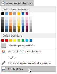 Screenshot dell'opzione Riempimento immagine da Riempimento forma nella scheda Formato in Publisher.