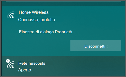Screenshot dell'interfaccia utente delle impostazioni wireless di Windows.