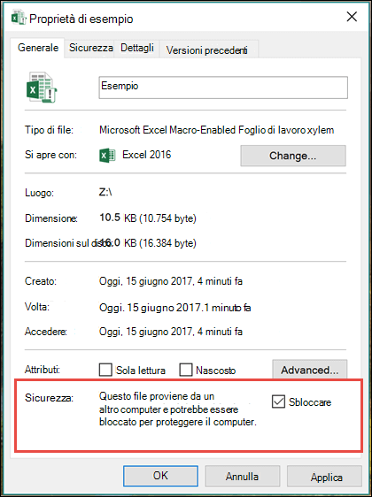 Fare clic con il pulsante destro del mouse sul file in Esplora risorse per sbloccare le macro.