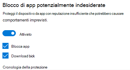 Il controllo per il blocco delle app potenzialmente indesiderate in Windows 10.
