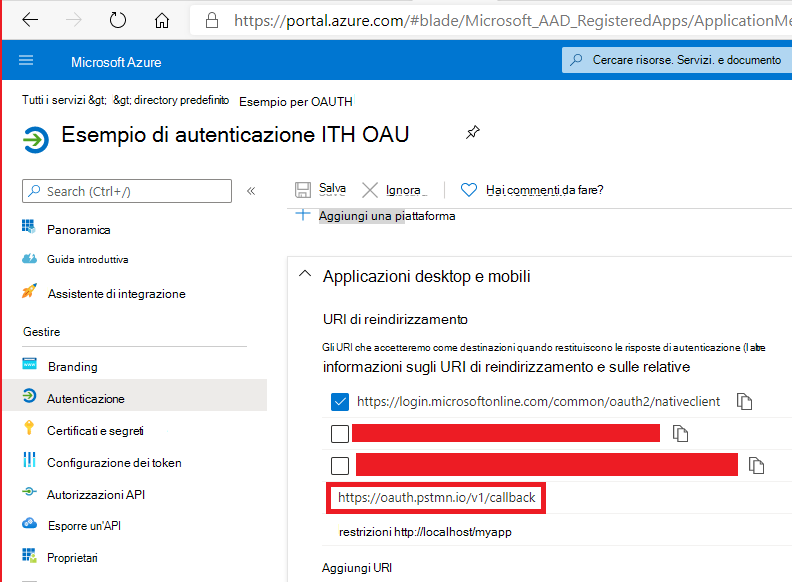 URI di reindirizzamento registrazione app active directory Azure