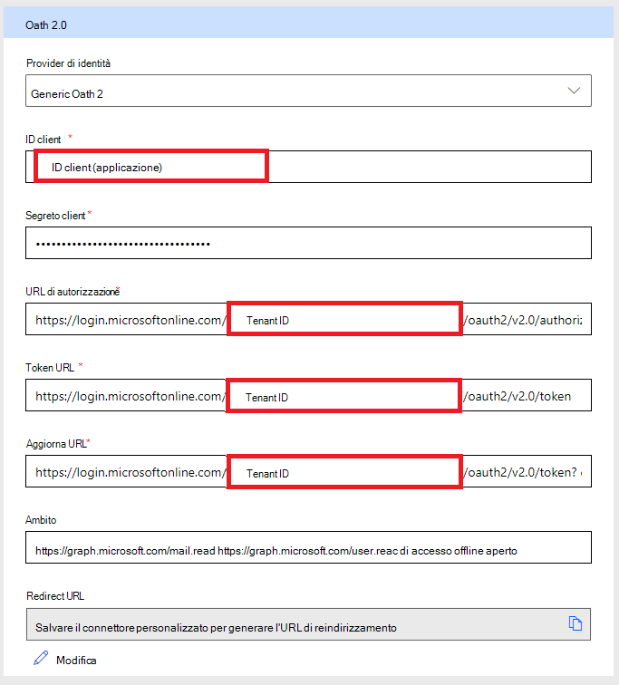 Populating entries in the Custom Connector OAUTH using previously-defined values: Client ID AuthCode URL Token URL Refresh URL Scope