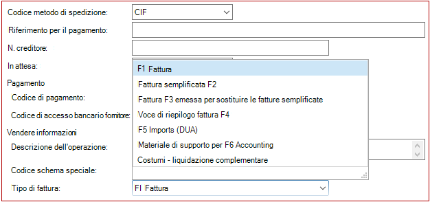 Nuovo tipo di fattura di acquisto Liquidazione completa doganale