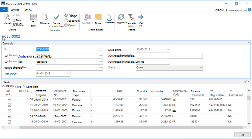 Screenshot per le righe del report IVA
