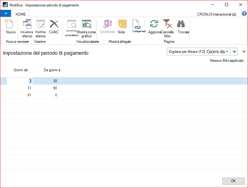Screenshot dell'impostazione del periodo di pagamento