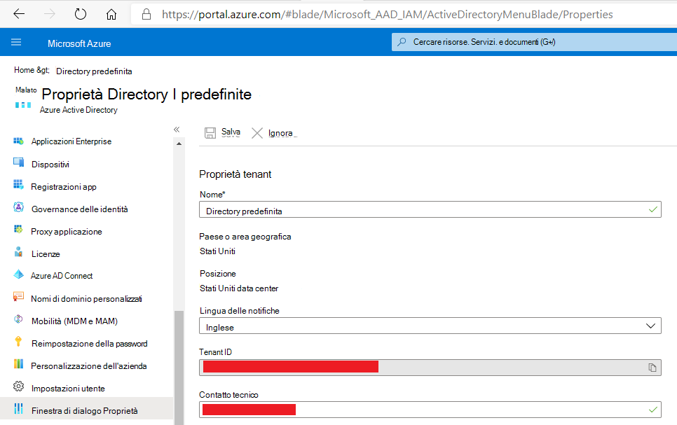 Ottenere TenantId dalla scheda Proprietà del blade Azure Active Directory