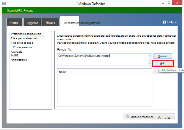 Pagina delle esclusioni di Windows Defender con il pulsante Aggiungi evidenziato