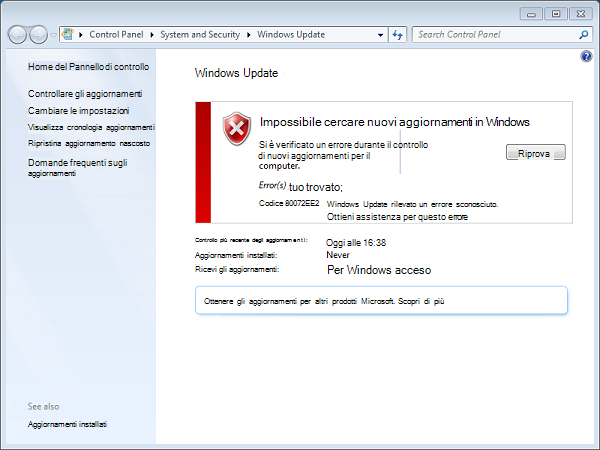 Codice di errore 80072ee2