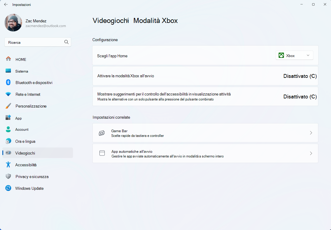 Screenshot delle impostazioni del palmare