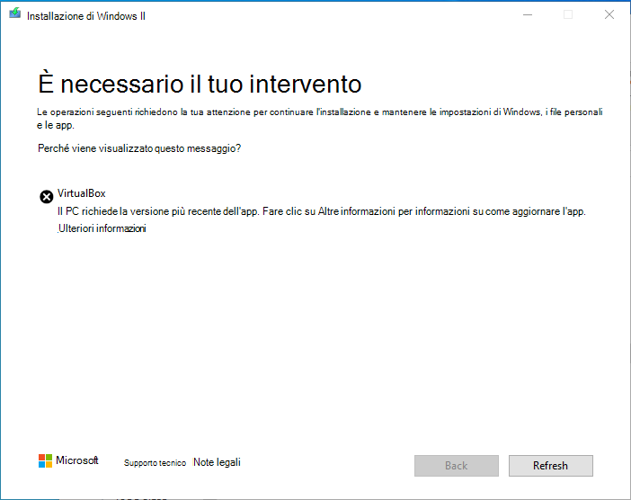 Avviso di compatibilità dell'installazione di Windows 11 per VirtualBox