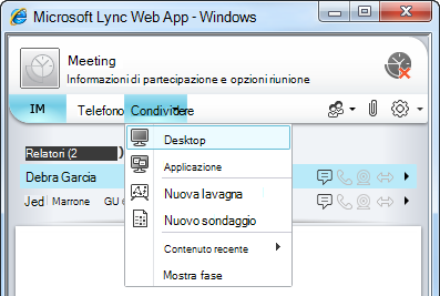 Menu Condividi di Lync Web App