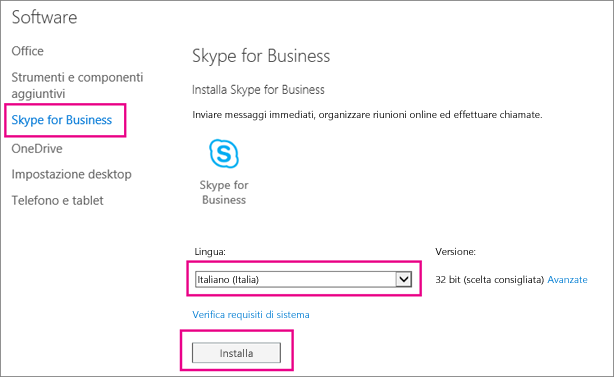 Nella prima pagina della configurazione guidata di Skype scegliere la lingua.