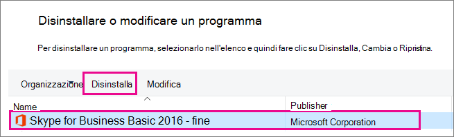 Nel Pannello di controllo, scegli Disinstallare programmi, quindi scegli Skype for Business
