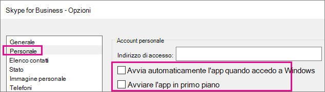 Scegli Personale, quindi deseleziona le opzioni per l'avvio automatico.