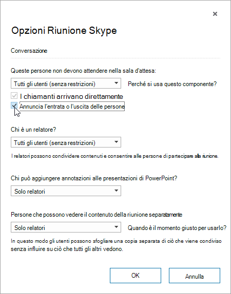 Meeting options dialog with announce when people enter or leave highlighted