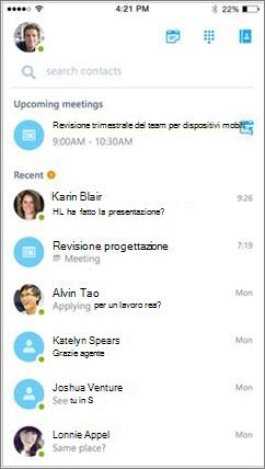 Skype for Business per la schermata iniziale di iOS