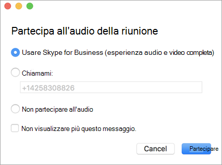 Esempio di finestra di dialogo Partecipa all'audio della riunione