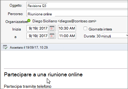 Screenshot della finestra di dialogo di una riunione con il collegamento Partecipa a riunione online.