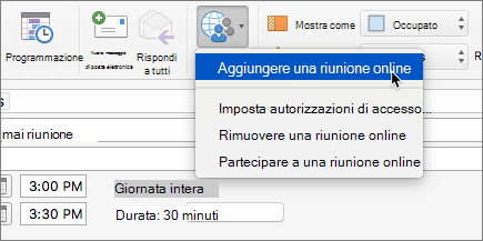 Screenshot di una convocazione di riunione con l'opzione Aggiungi riunione online selezionata sulla barra multifunzione.
