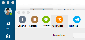 Screenshot della schermata Preferenze di Skype for Business, con il riquadro Audio/Video selezionato.
