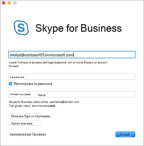 Schermata di accesso di Skype for Business per Mac