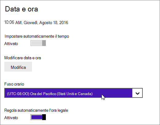 Schermata del menu Data e ora di Windows 8.