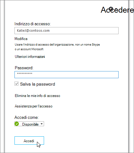 Schermata della finestra di immissione della password nella schermata di accesso di Skype for Business.