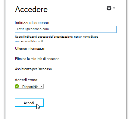 Schermata del pulsante Accedi nella schermata di accesso di Skype for Business.