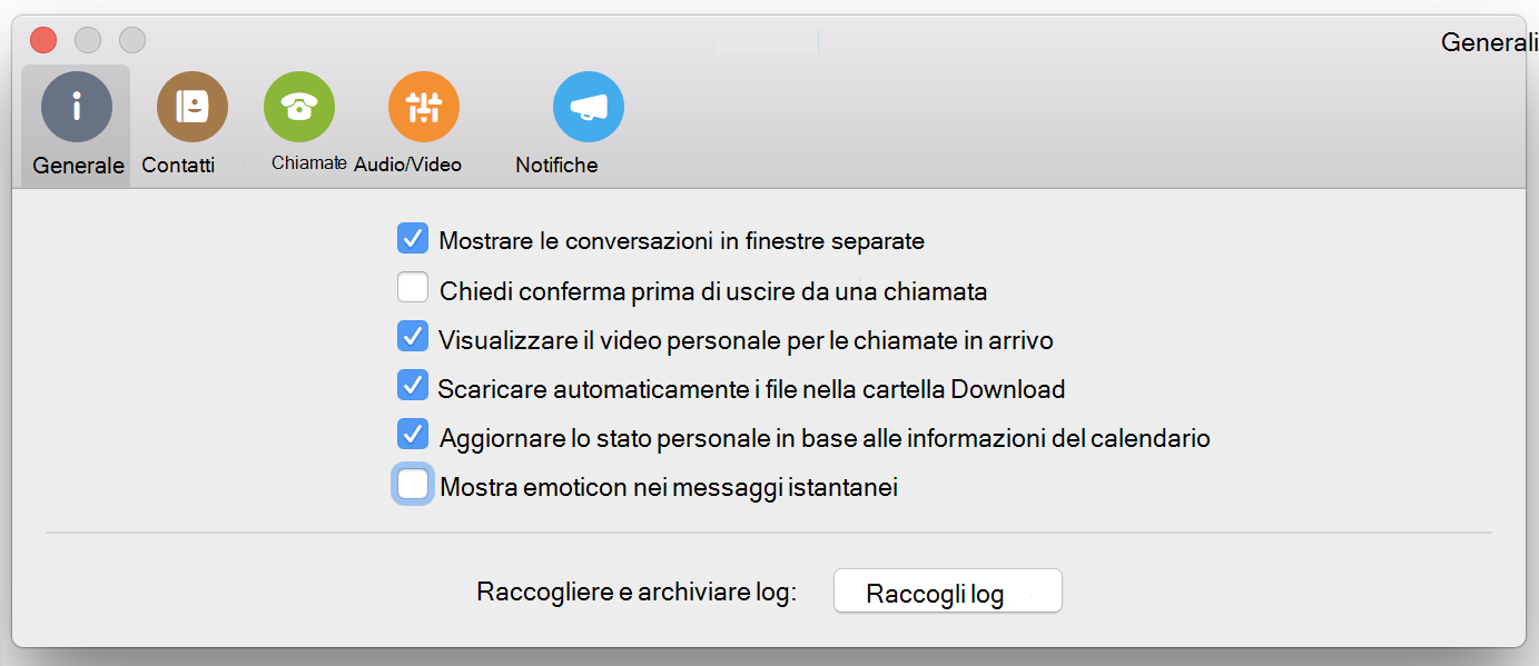 Casella di controllo Mostra emoticon nei messaggi nella pagina Generale di Preferenze