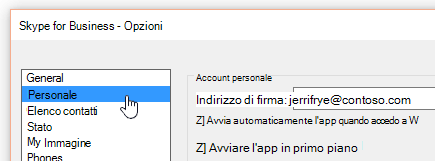 La finestra Opzioni in Skype for Business con la scheda Personale selezionata.