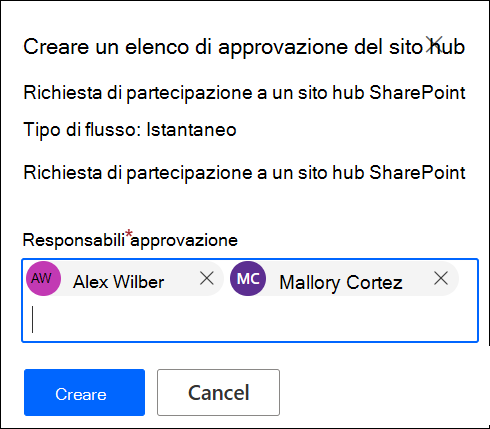 screenshot dell'aggiunta di approvatori