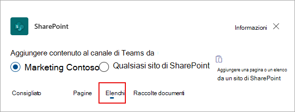Selezionare Elenchi per aggiungere elenchi al canale di Teams.