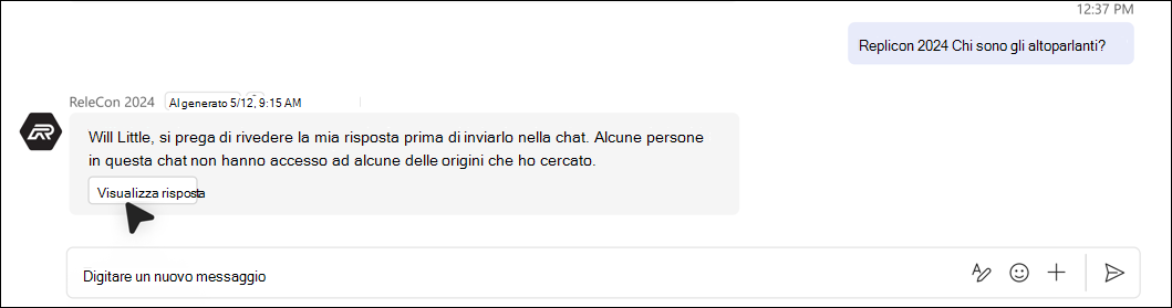 screenshot di Non è possibile aggiungere automaticamente Risposta a causa di problemi di autorizzazione