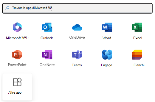 Una selezione di app Microsoft 365. L'ultimo riquadro è Altre app.