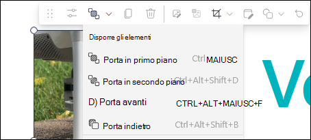 Elenco a discesa Disponi elementi nella barra degli strumenti della web part