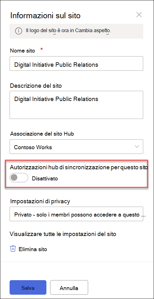 screenshot dell'interruttore di sincronizzazione Siti associati