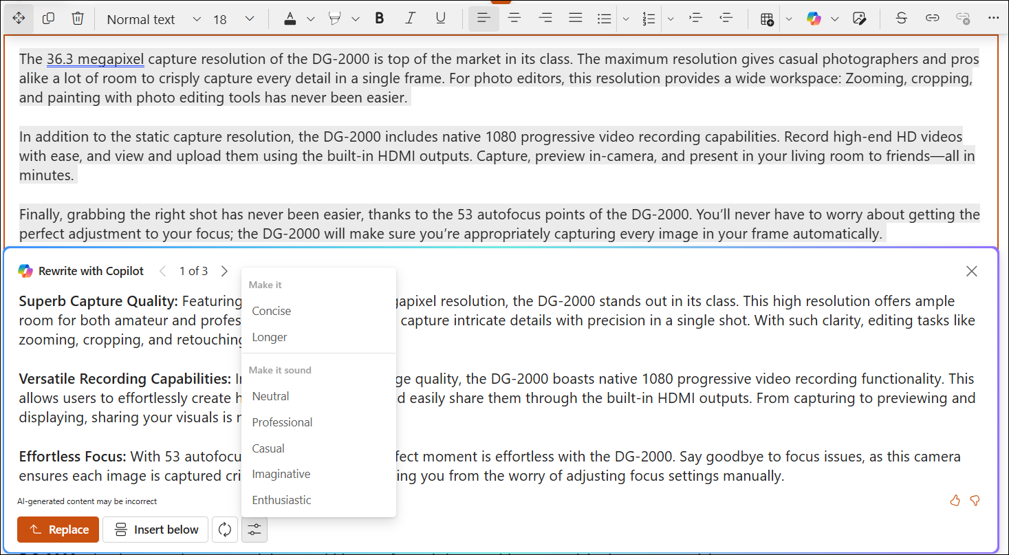 Screenshot di esempio di riscrittura automatica