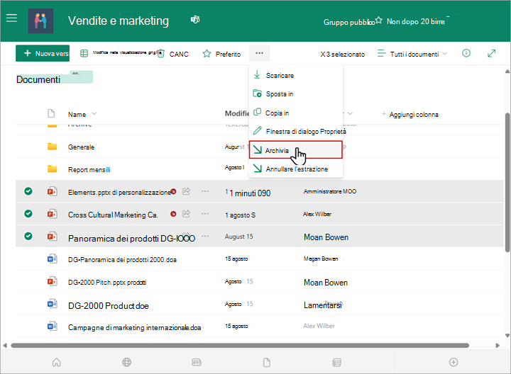 È possibile selezionare e archiviare più file nella raccolta di SharePoint.