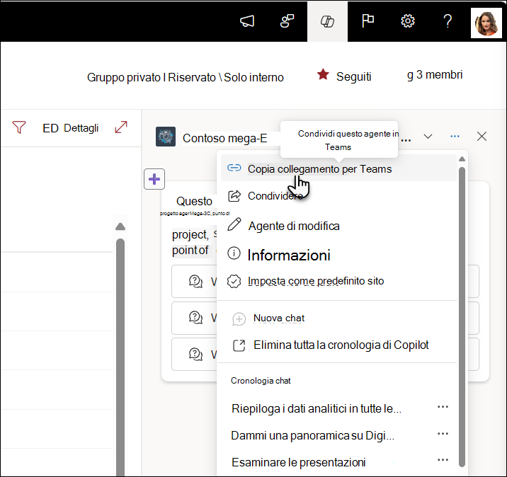 Screenshot di Copia collegamento da condividere in Teams