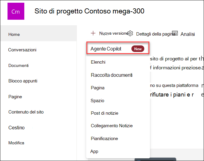Screenshot della creazione di un nuovo agente copilot dalla home page del sito